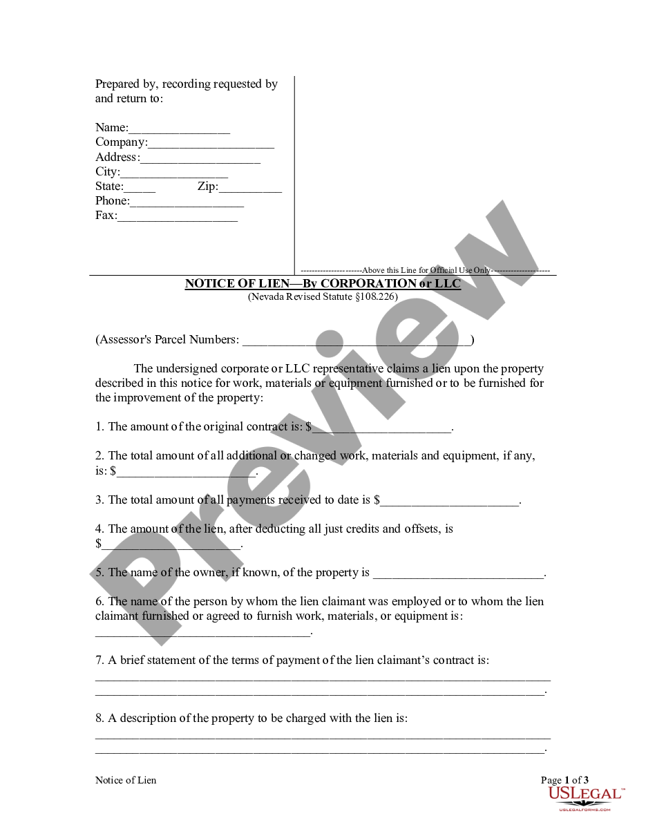Nevada Notice Of Lien Corporation Or Llc Nevada Notice Lien Us Legal Forms 1150