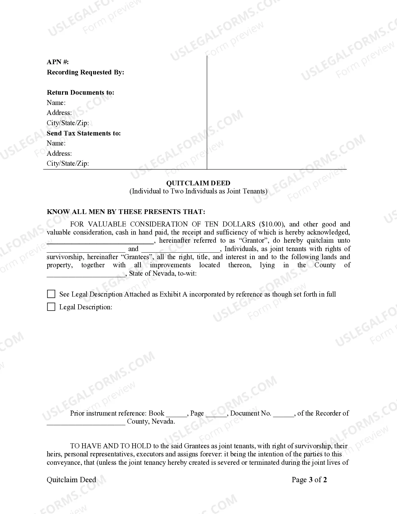 Preview Quitclaim Deed - Individual to Two Individuals as Joint Tenants with the Right of Survivorship