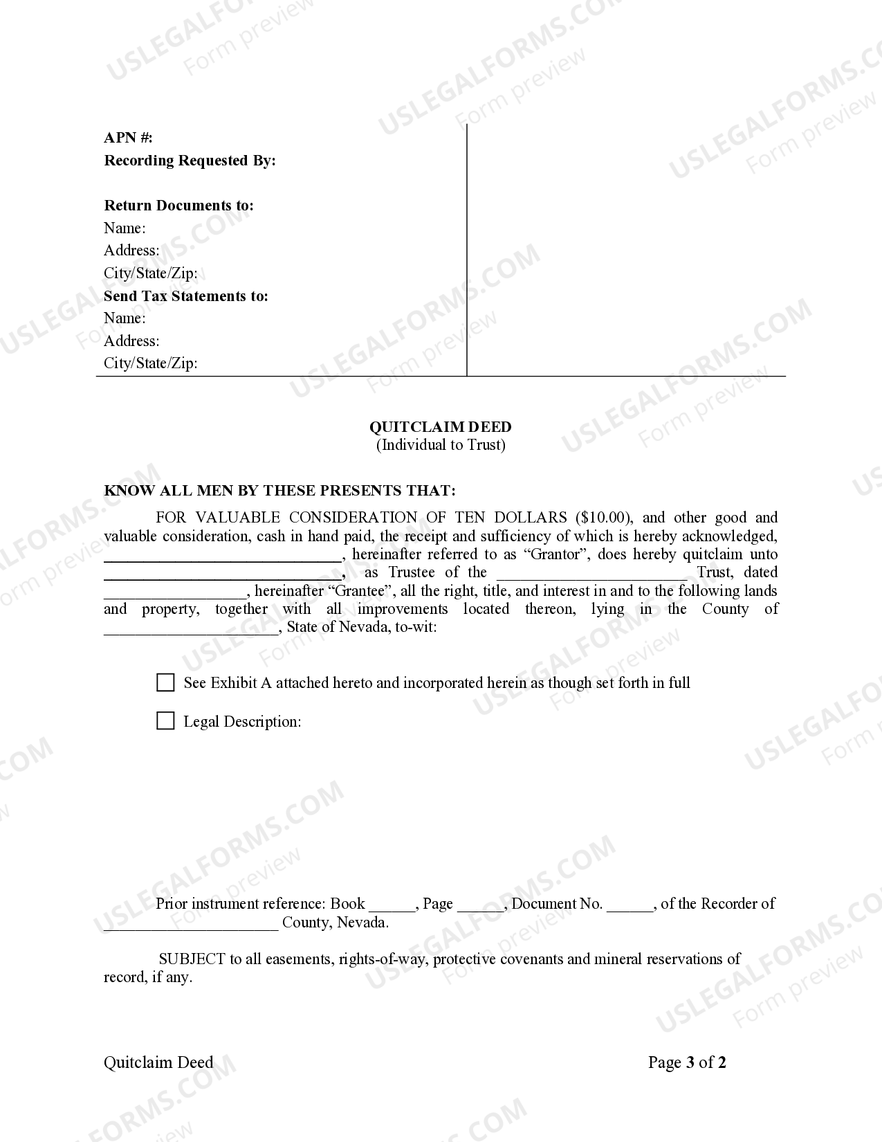 Nevada Quitclaim Deed Individual to Trust | US Legal Forms