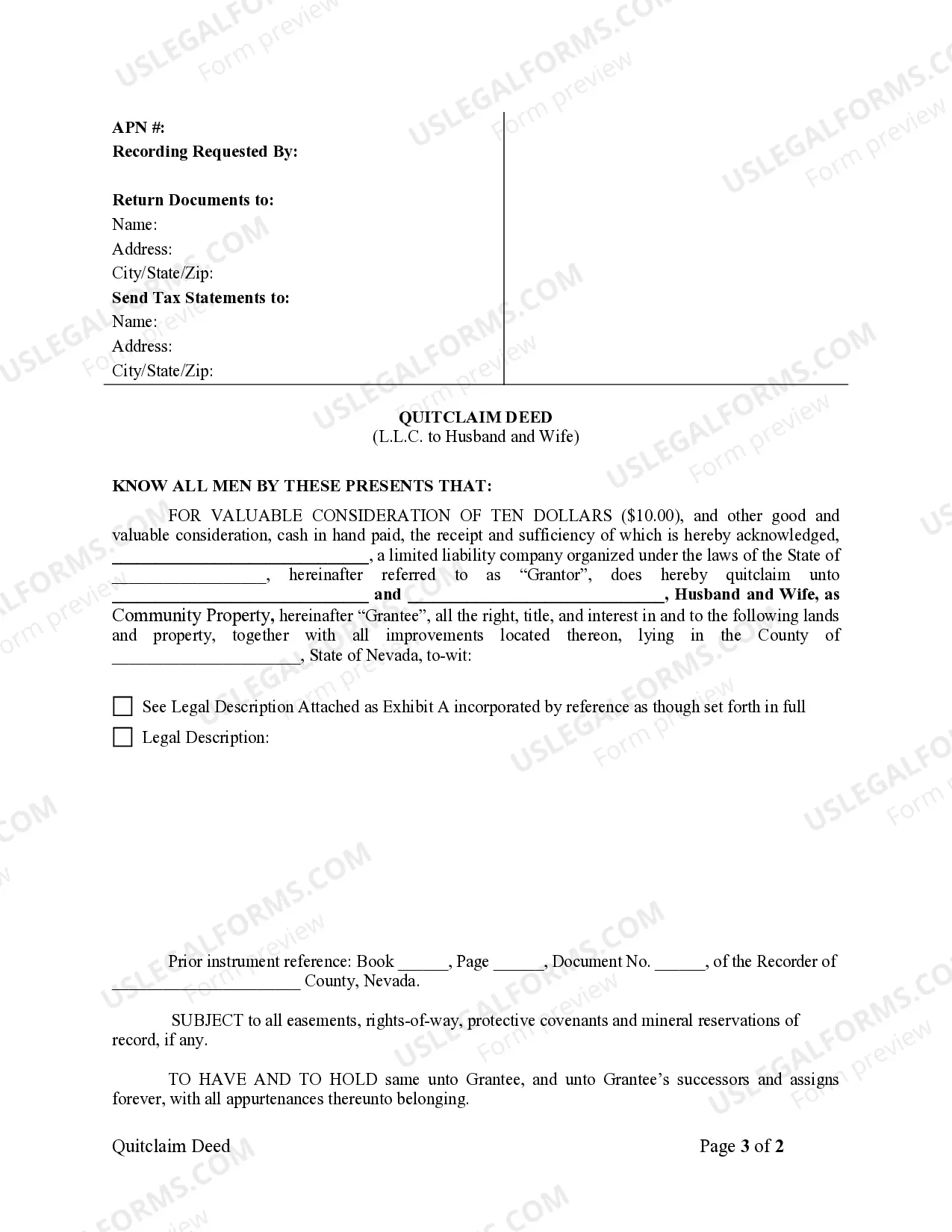 Preview Quitclaim Deed - Limited Liability Company to Husband and Wife