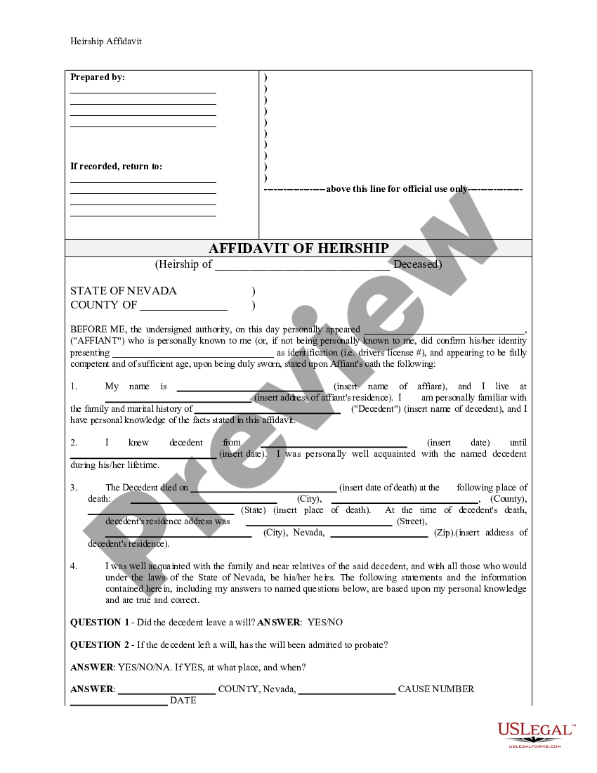 Nevada Heirship Affidavit Descent Us Legal Forms 8706