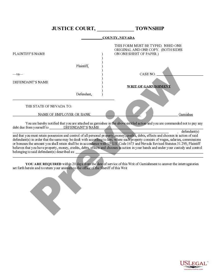 Nevada Writ of Garnishment US Legal Forms