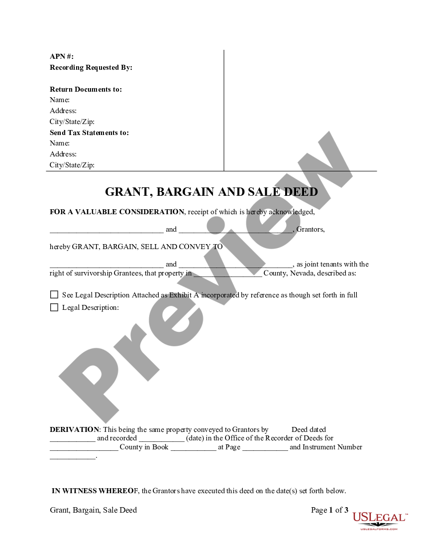 Nevada Grant Deed From Two Individuals To Two Individuals Grant Bargain Sale Form Nevada US