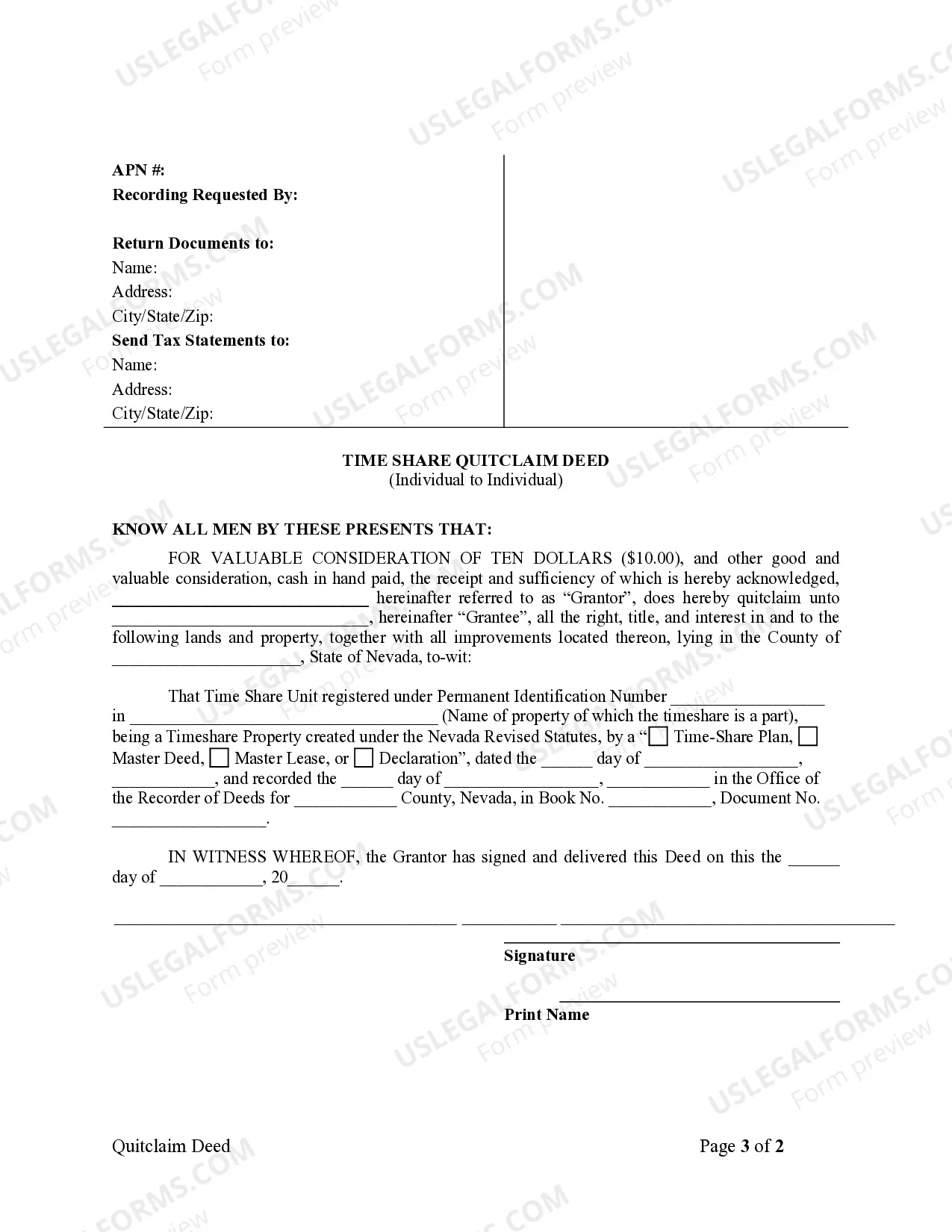 Preview Time Share Quitclaim Deed - Individual to Individual
