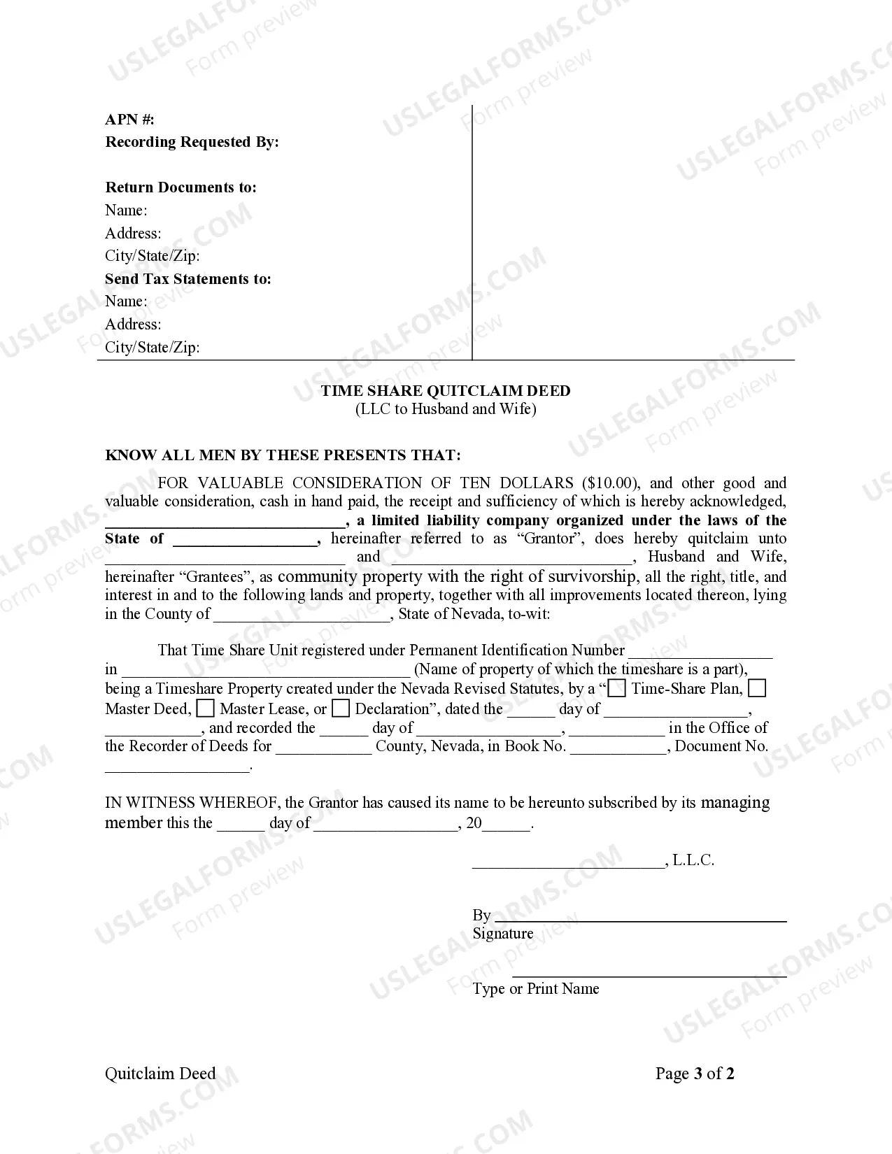 Preview Time Share Quitclaim Deed - LLC to Husband and Wife