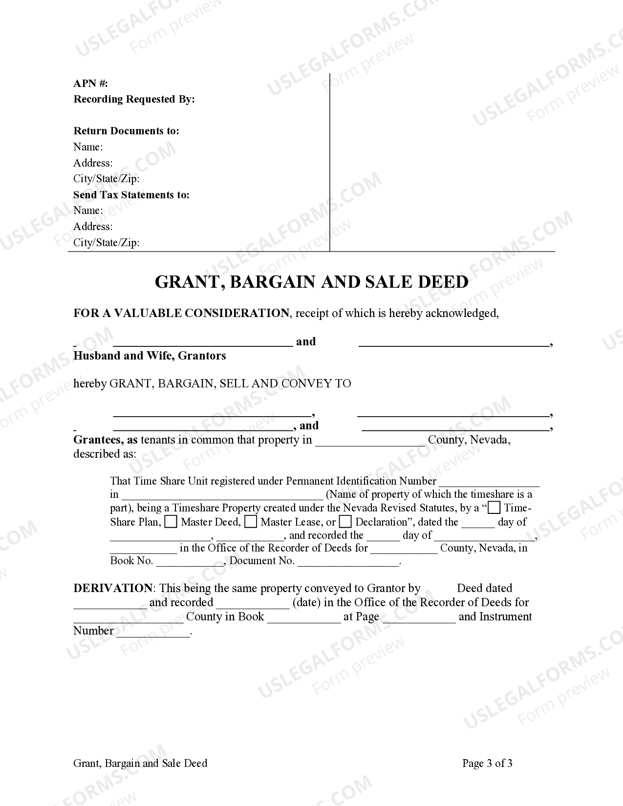 Nevada Grant, Bargain and Sale Deed for Time Share - Deed | US Legal Forms