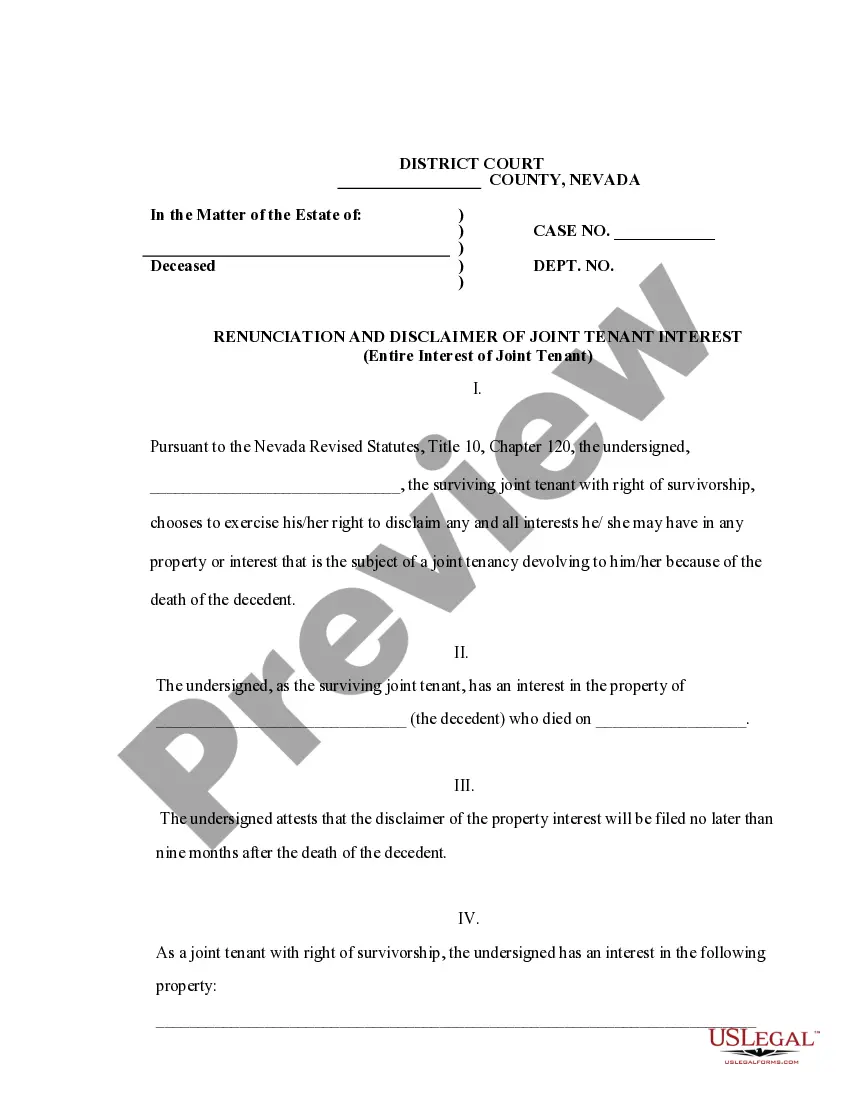 Preview Renunciation And Disclaimer of Joint Tenant or Tenancy Interest