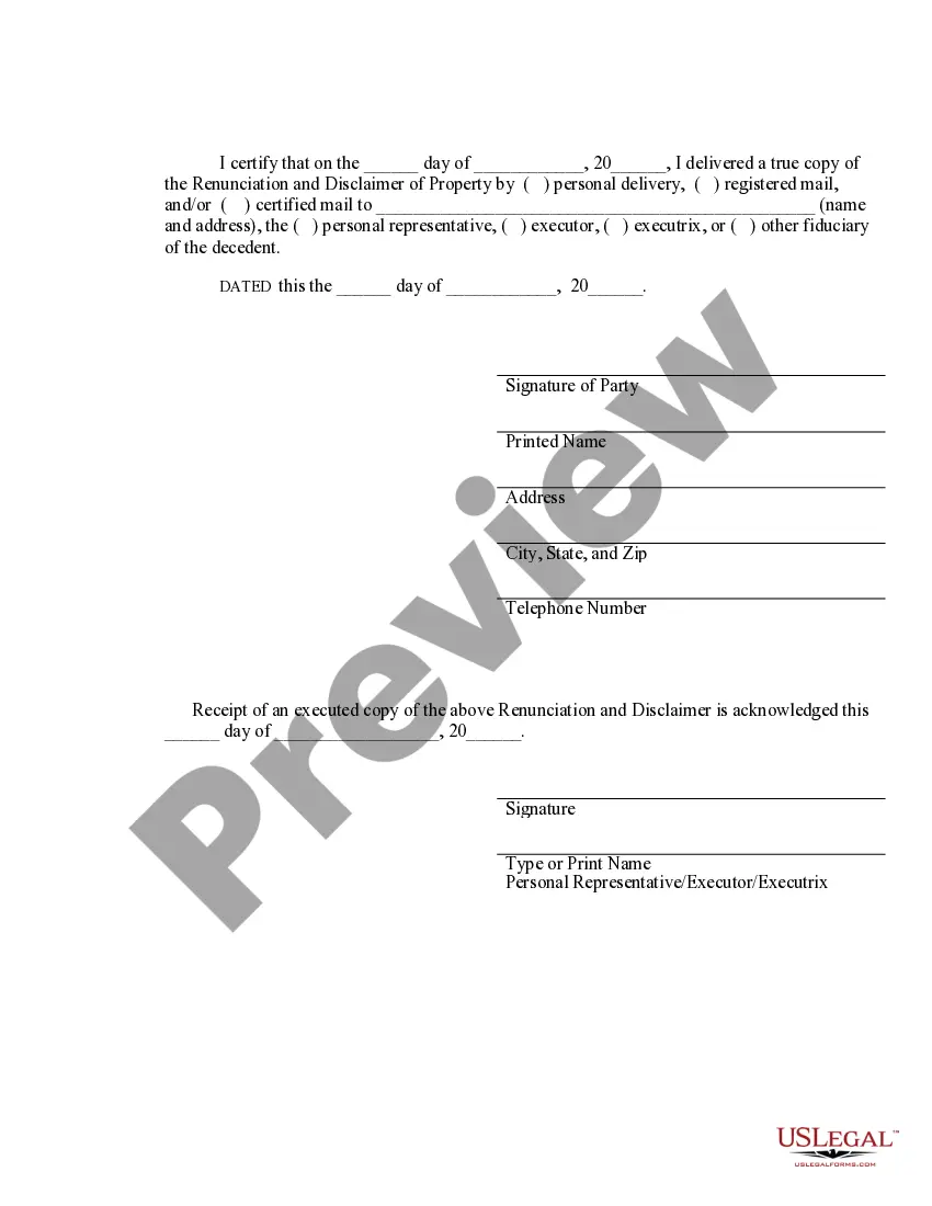 Preview Renunciation And Disclaimer of Joint Tenant or Tenancy Interest