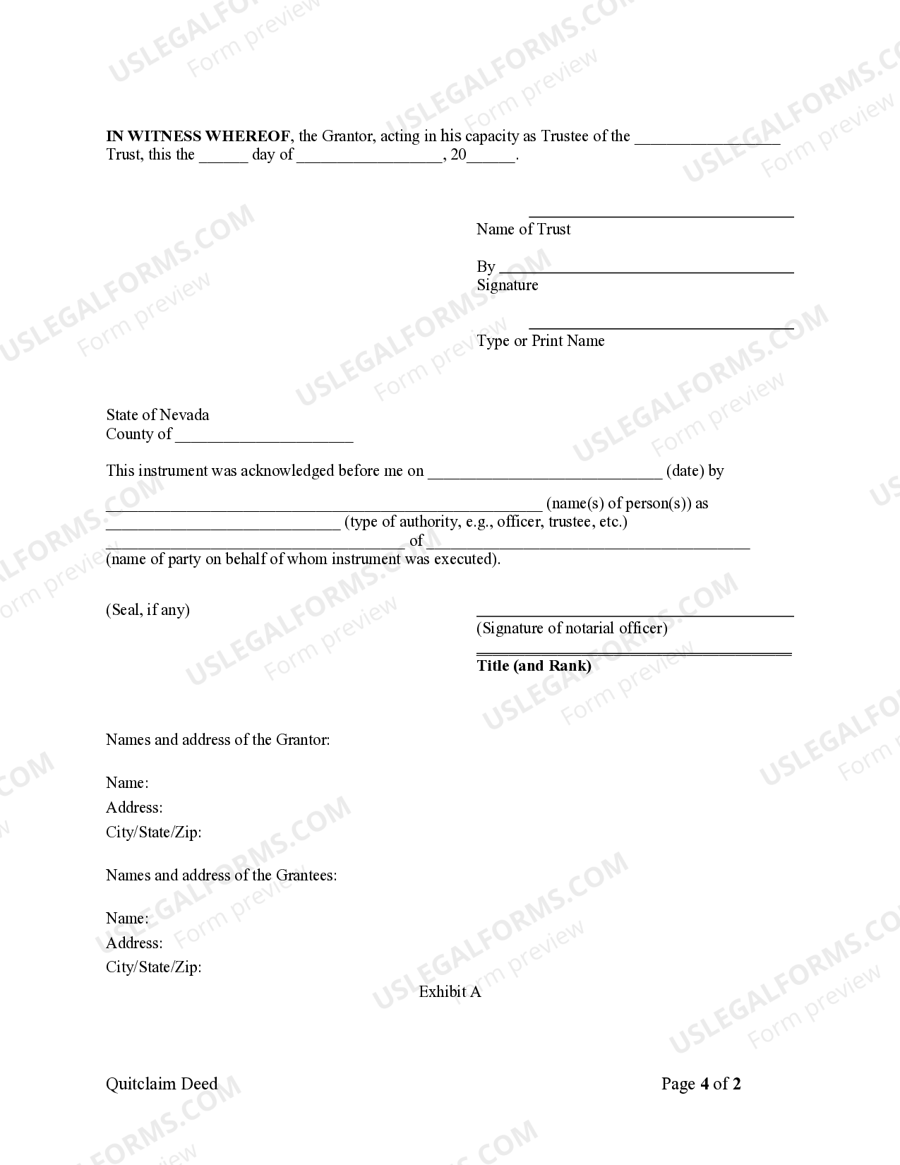 Nevada Quitclaim Deed - Trust to an Individual - Nevada Quit Claim Deed Pdf  | US Legal Forms
