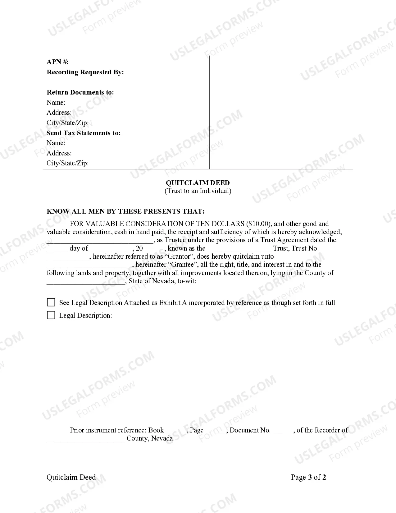 Preview Quitclaim Deed - Trust to an Individual