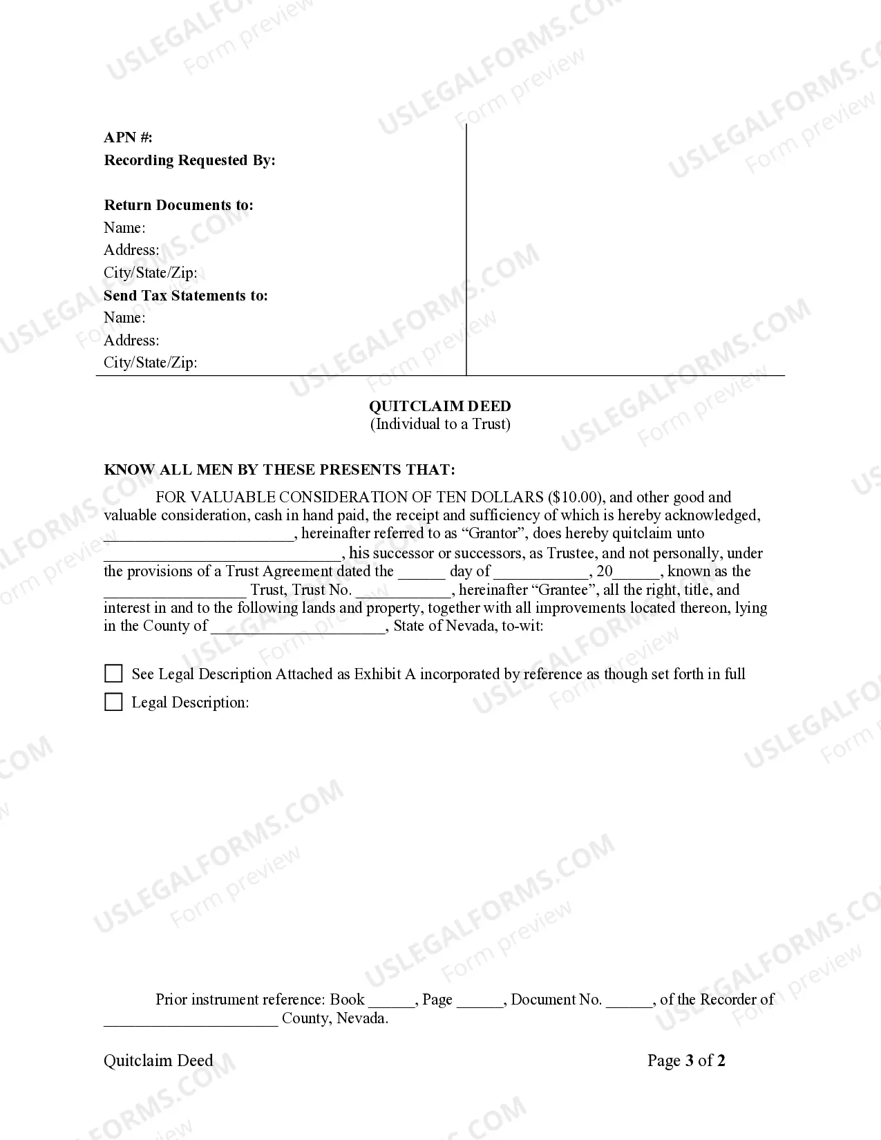 Preview Quitclaim Deed - Individual to a Trust