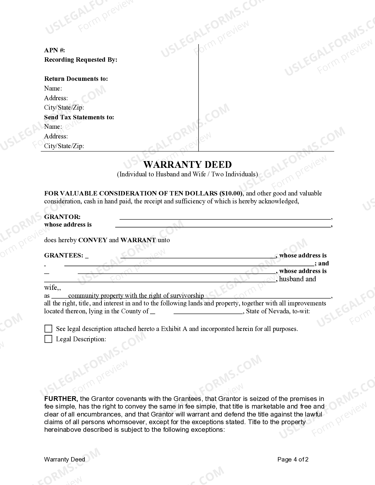 Las Vegas Nevada Warranty Deed from Individual to Husband and Wife / Two Individuals. US Legal
