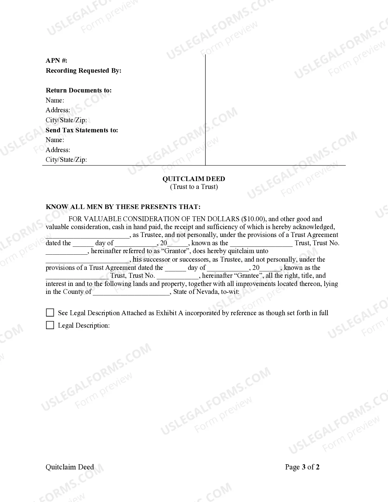 Preview Quitclaim Deed - Trust to a Trust