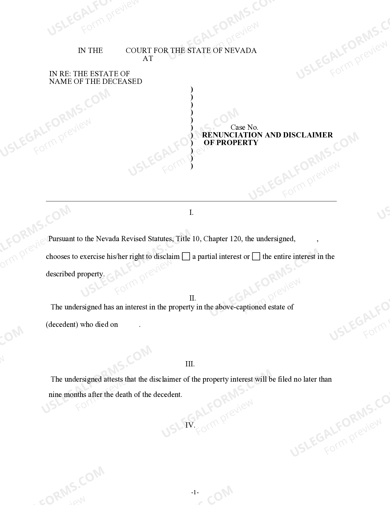 Nevada Renunciation And Disclaimer of Property from Will by Testate