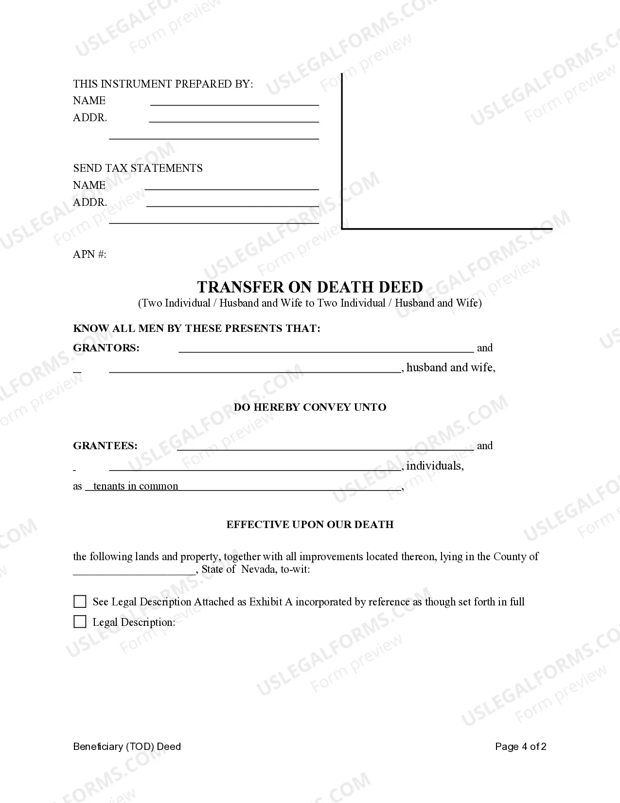 Preview Transfer on Death Deed or TOD - Beneficiary Deed from Husband and Wife / Two Individuals to Husband and Wife / Two Individuals