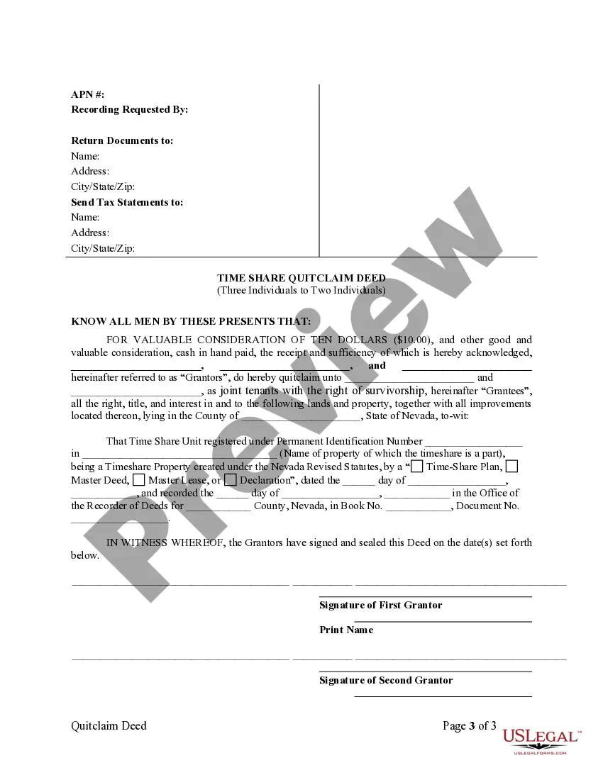 Preview Time Share Quitclaim Deed - Three Individuals to Two Individuals