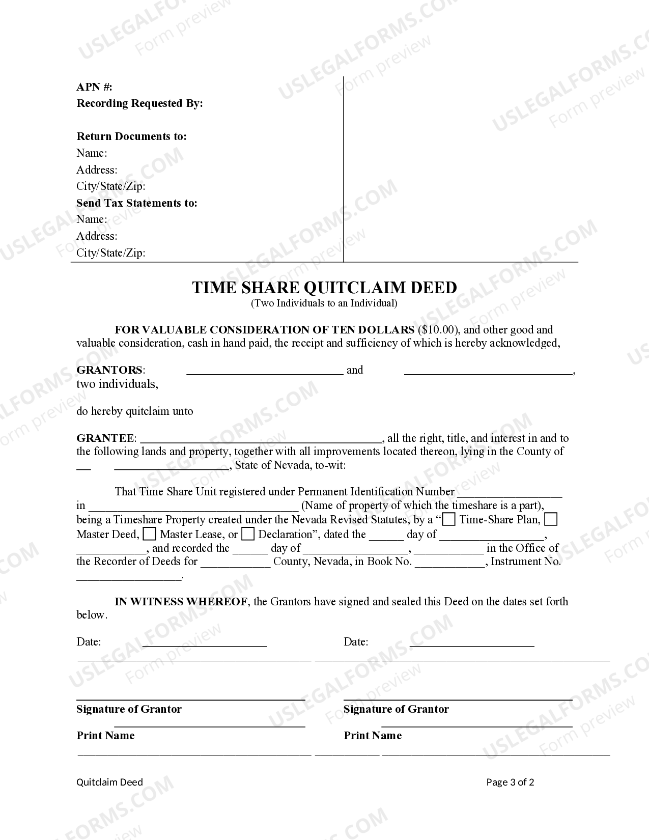 Nevada Quitclaim Deed for Timeshare Property from Two Individuals to ...