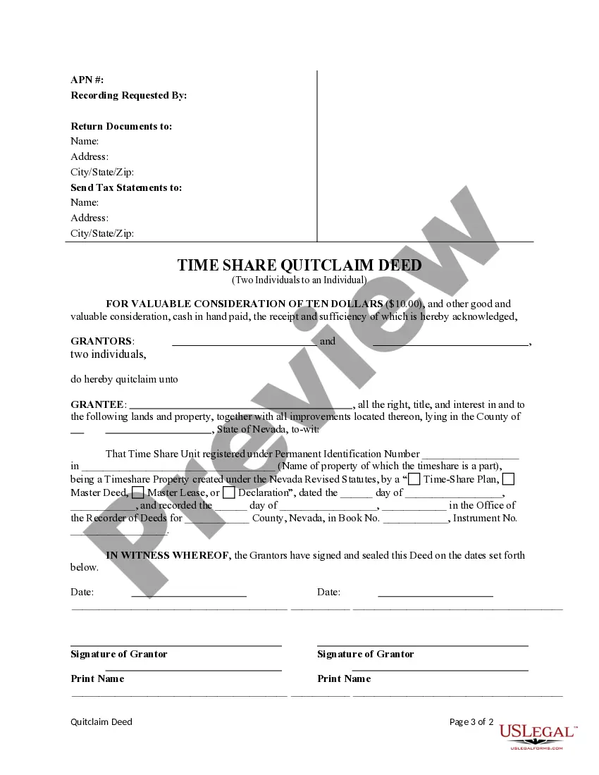 Preview Quitclaim Deed for Timeshare Property from Two Individuals to One Individual