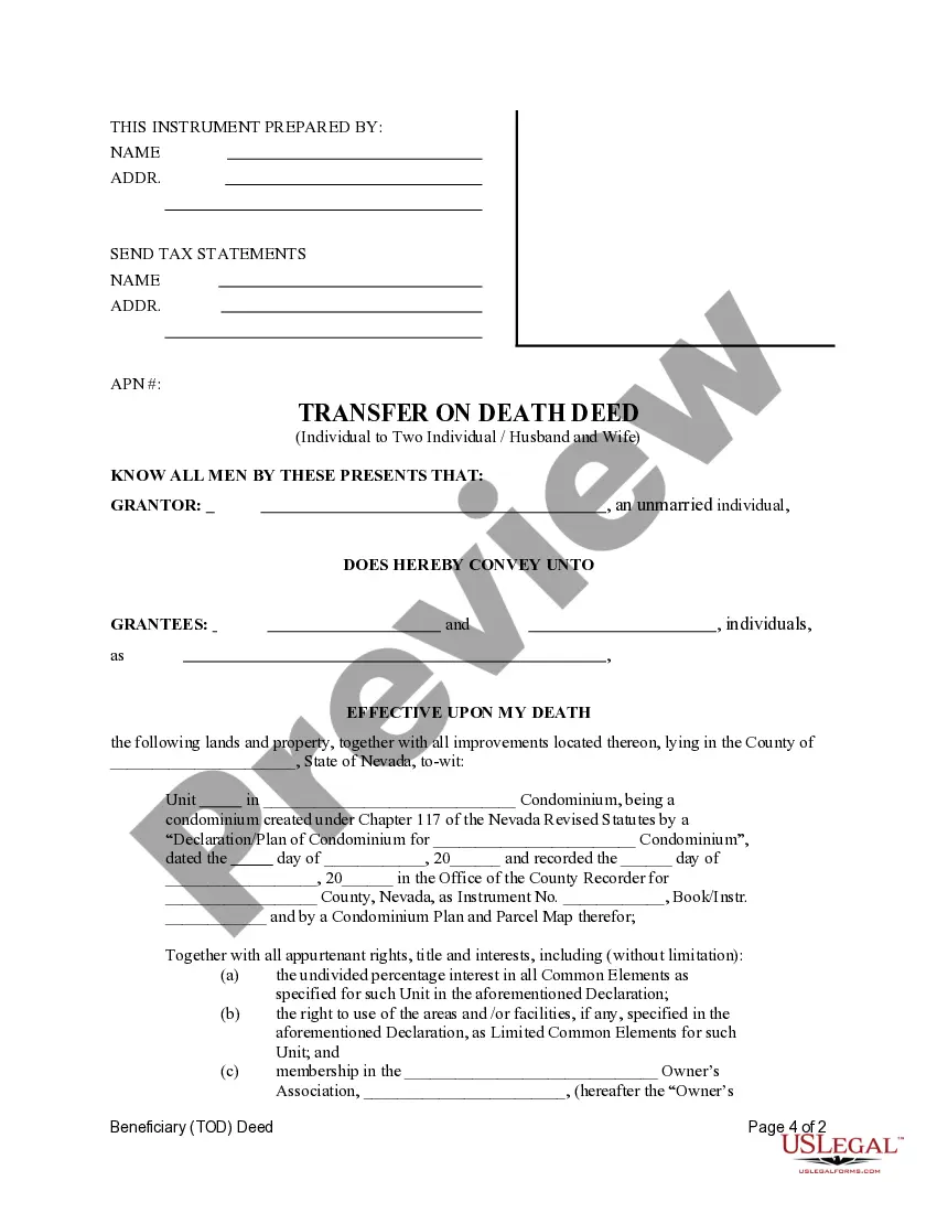 Preview Beneficiary Deed (TOD) for a Condominium from an Individual to Two Individuals / Husband and Wife