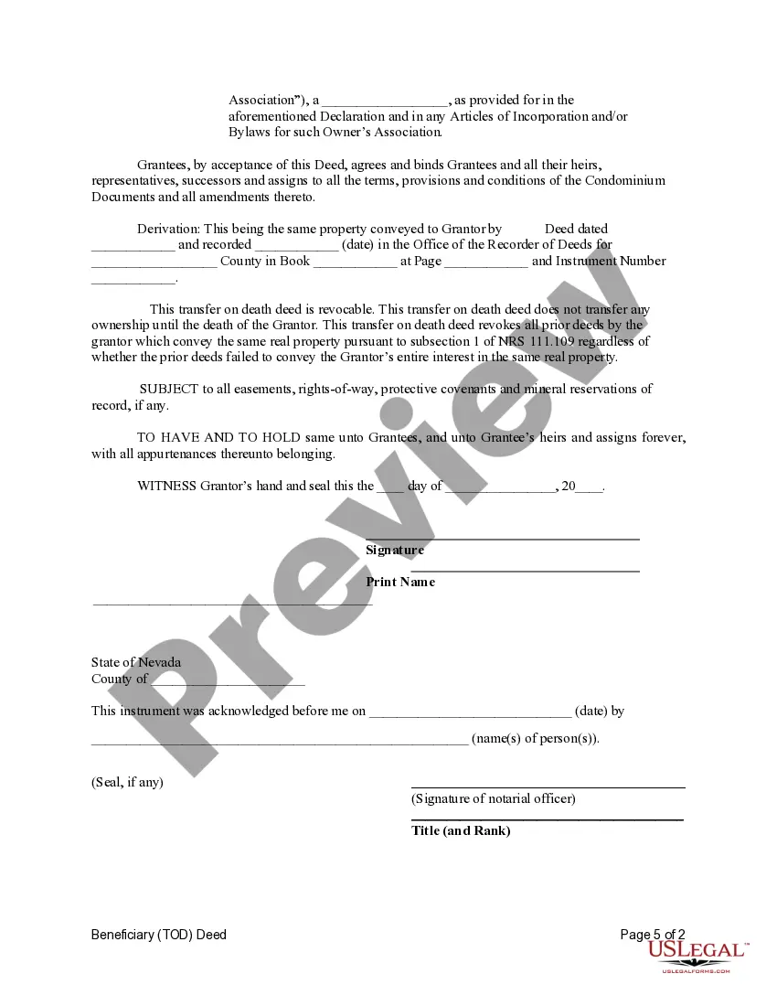 Preview Beneficiary Deed (TOD) for a Condominium from an Individual to Two Individuals / Husband and Wife