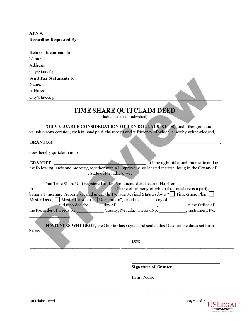 Preview Quitclaim Deed for Timeshare Property from Individuals to Individual