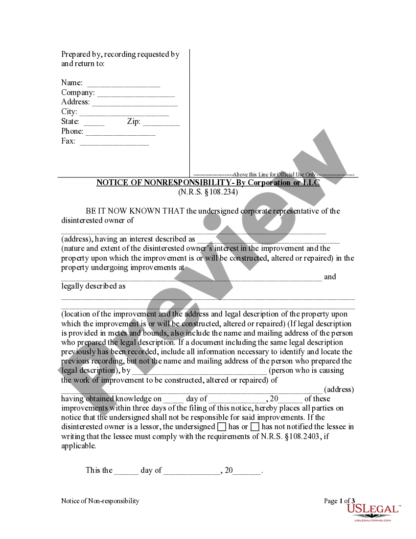 Nevada Notice of Non Responsibility Corporation or LLC Notice Of