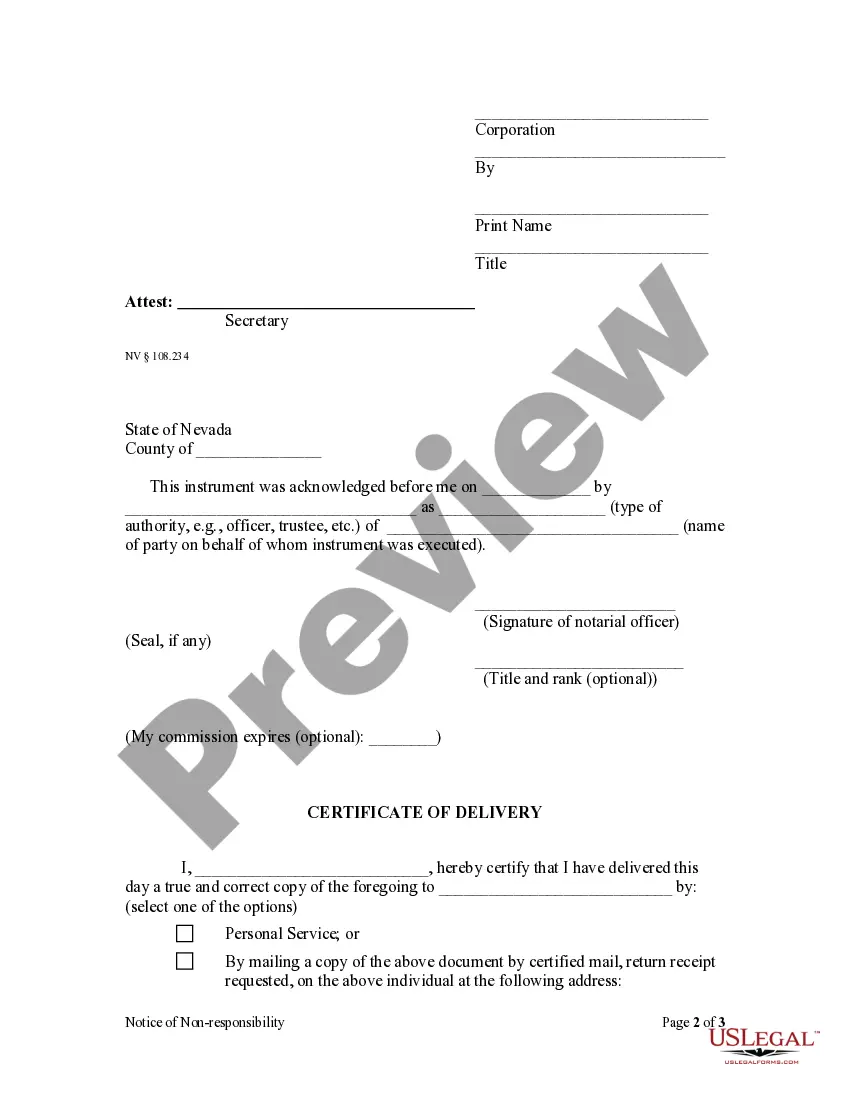 Preview Notice of Non Responsibility - Corporation