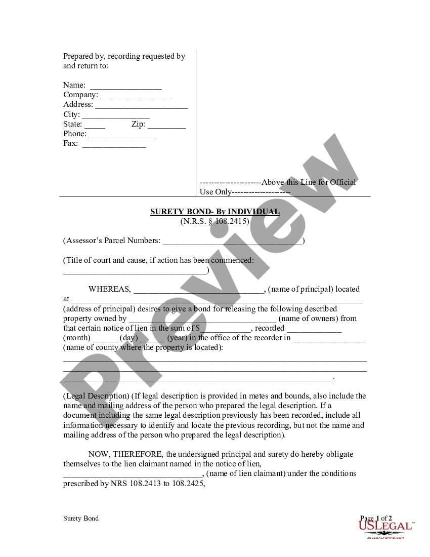 Nevada Surety Bond Form - Individual - Nevada Surety Bond | US Legal Forms