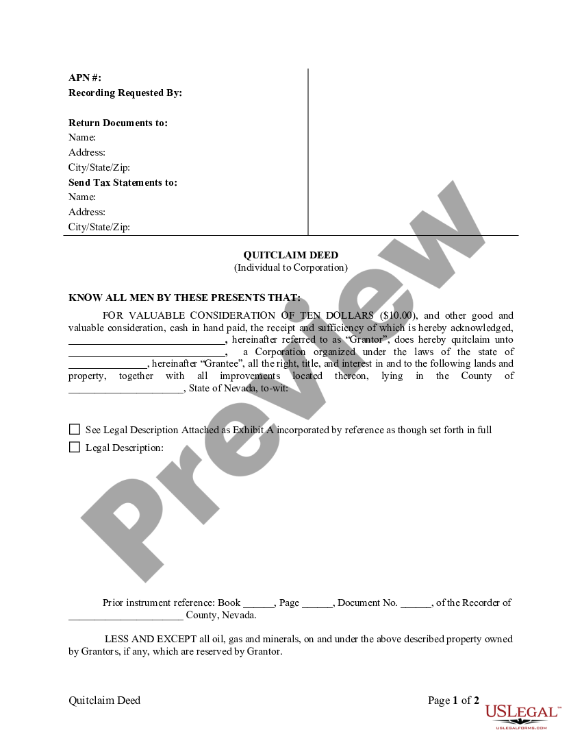 Nevada Quitclaim Deed from Individual to Corporation | US Legal Forms