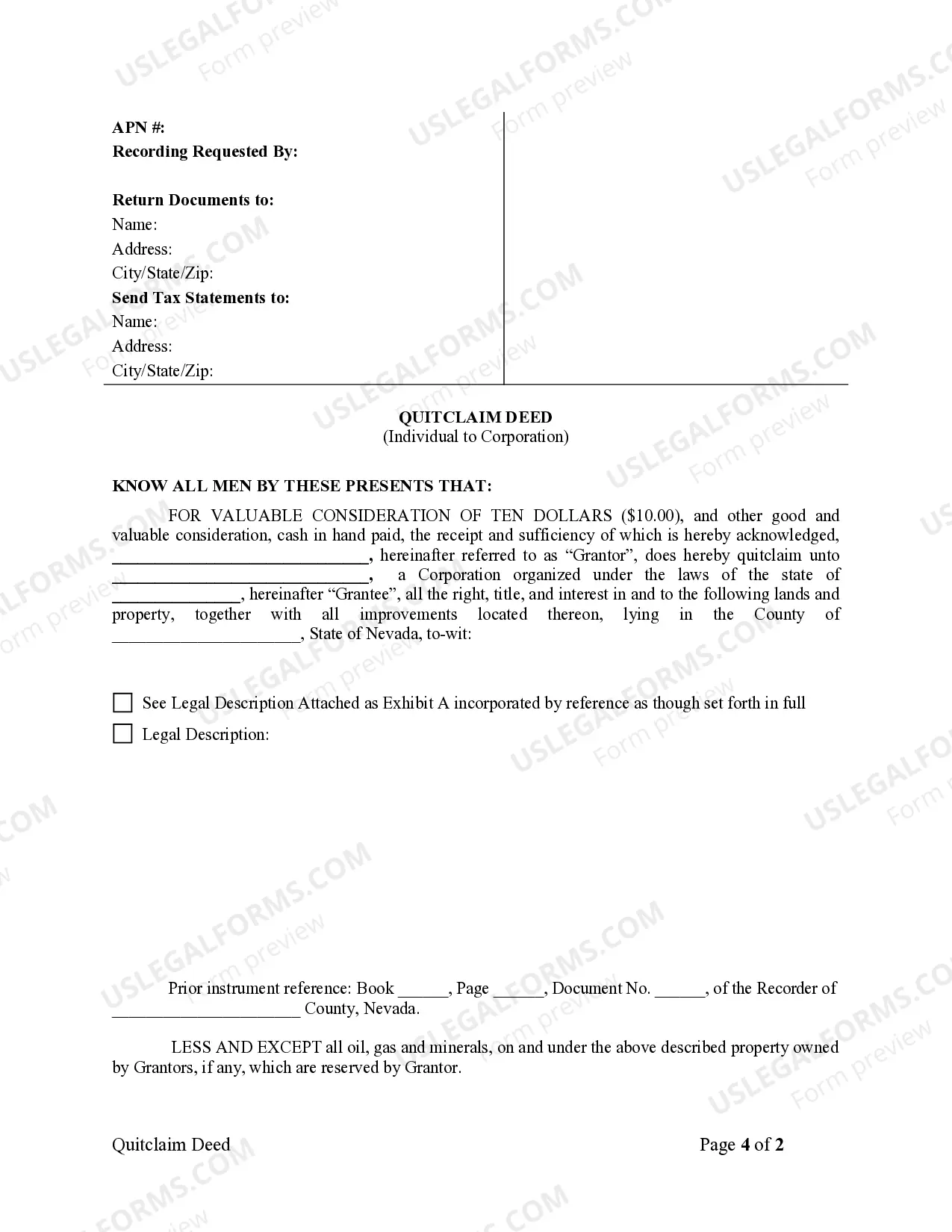 Preview Quitclaim Deed from Individual to Corporation