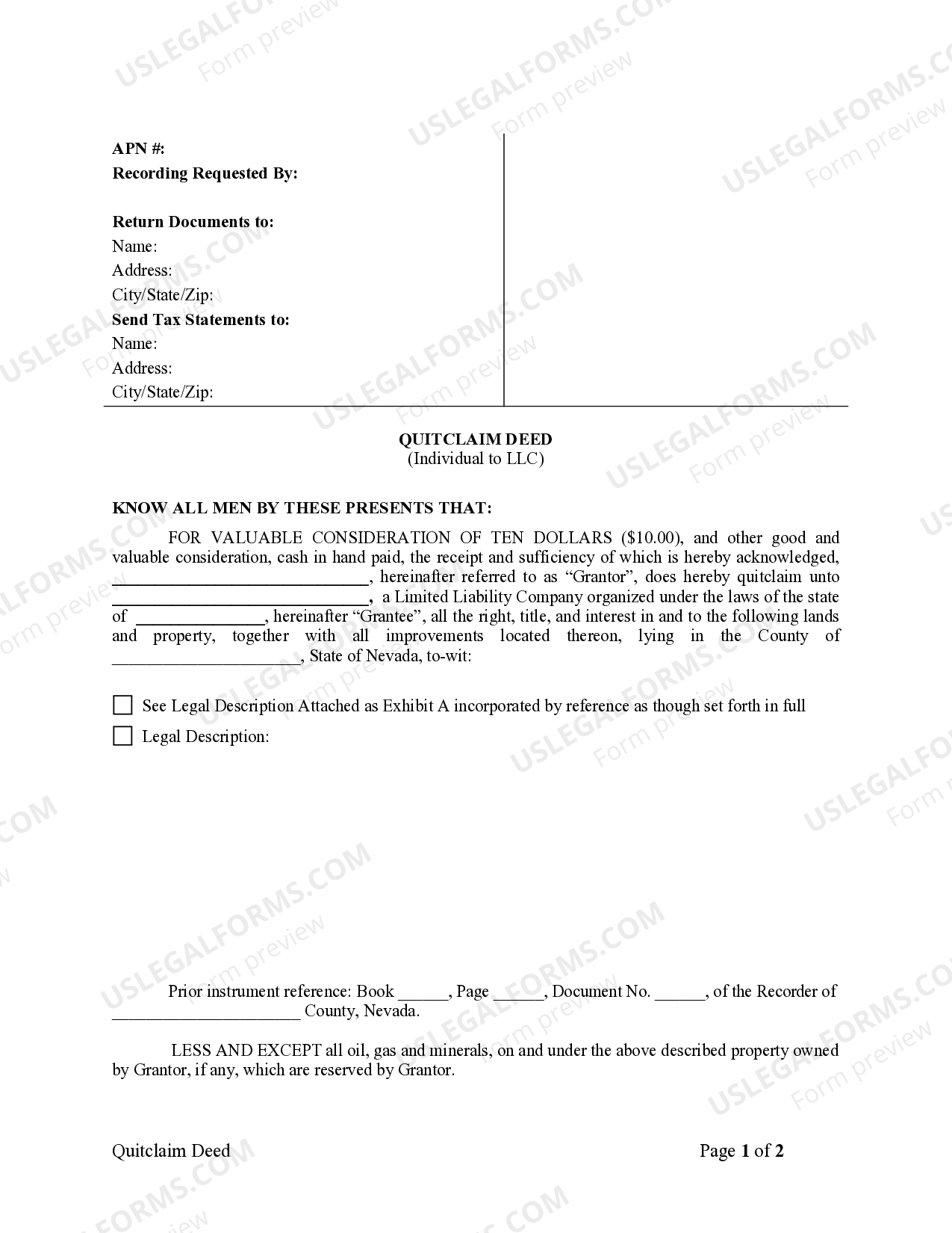 Nevada Quitclaim Deed from Individual to LLC Quit Claim To Llc US Legal Forms