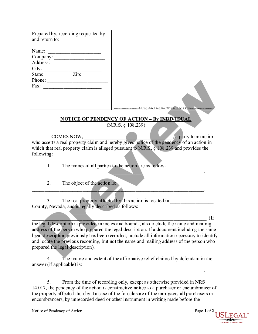 Nevada Notice of Pendency of Action - Individual | US Legal Forms