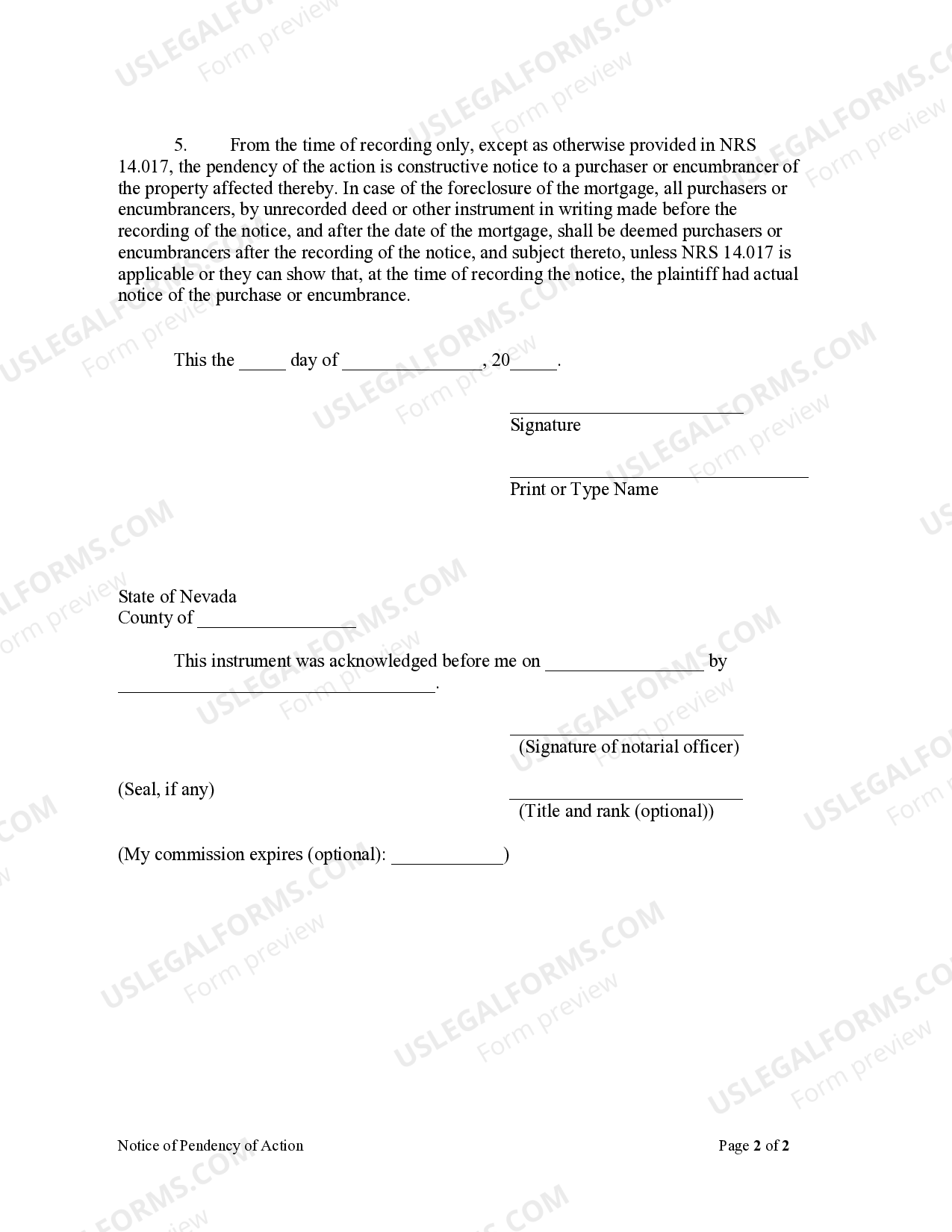 Nevada Notice of Pendency of Action Individual US Legal Forms