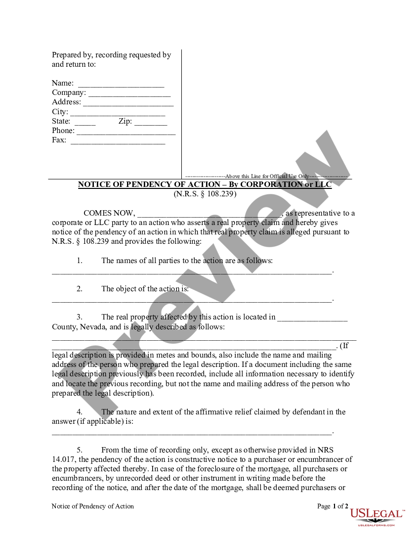 Nevada Notice of Pendency of Action - Corporation or LLC - Pendency ...