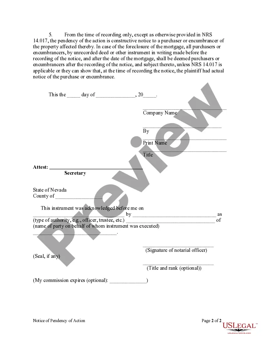 Preview Notice of Pendency of Action - Corporation