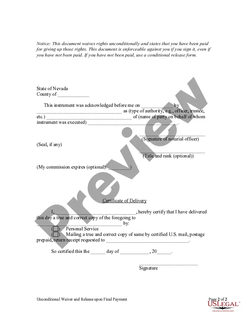 Preview Unconditional Waiver and Release Upon Final Payment - Corporation or LLC