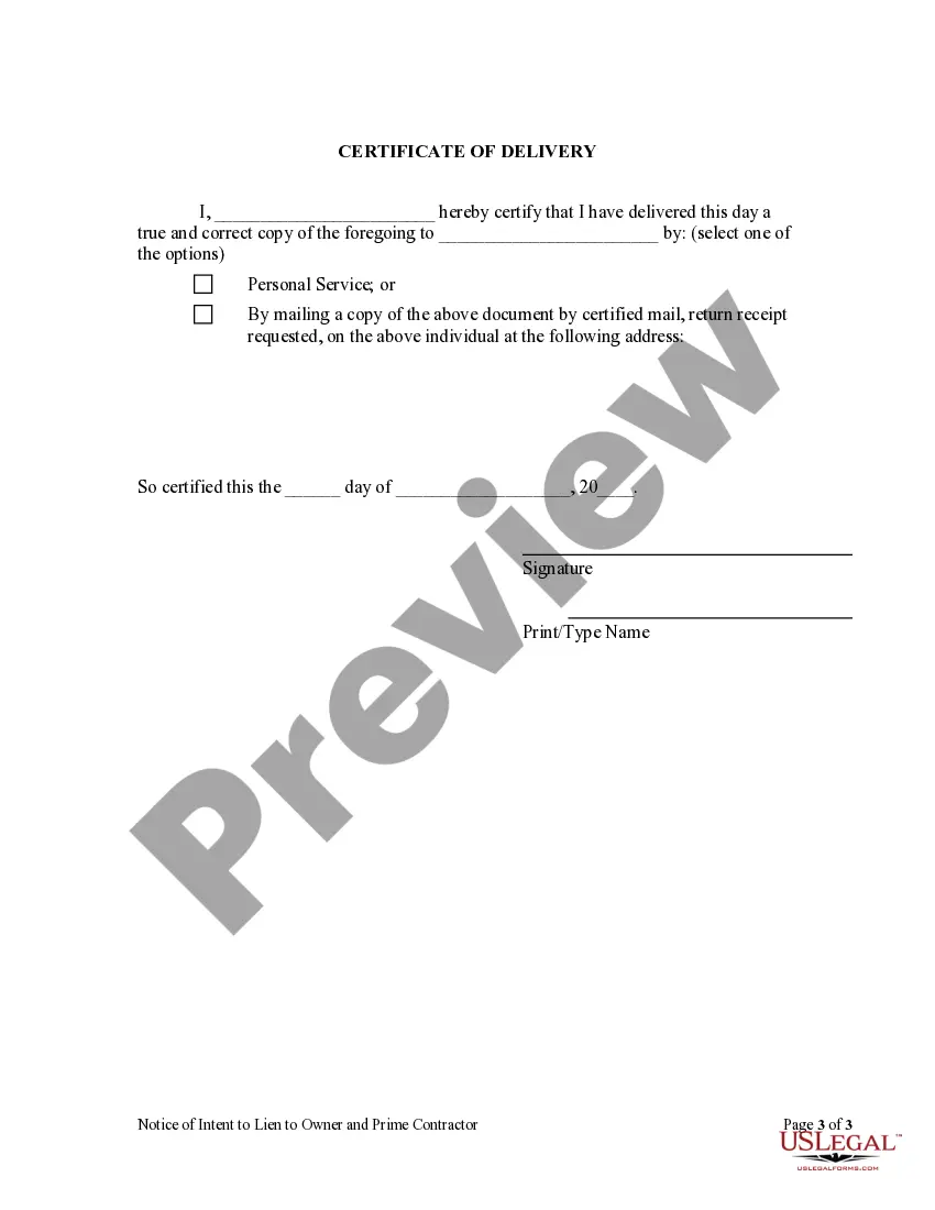 Get Notice of Intent to Lien to Owner and Prime Contractor - Individual Preview Notice of Intent to Lien to Owner and Prime Contractor - Individual