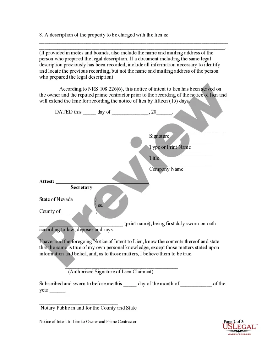 Preview Notice of Intent to Lien to Owner and Prime Contractor - Corporation or LLC