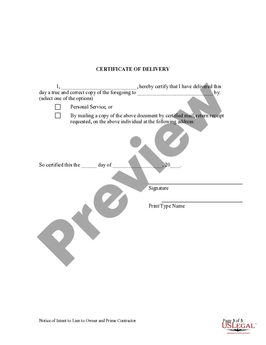 Preview Notice of Intent to Lien to Owner and Prime Contractor - Corporation or LLC