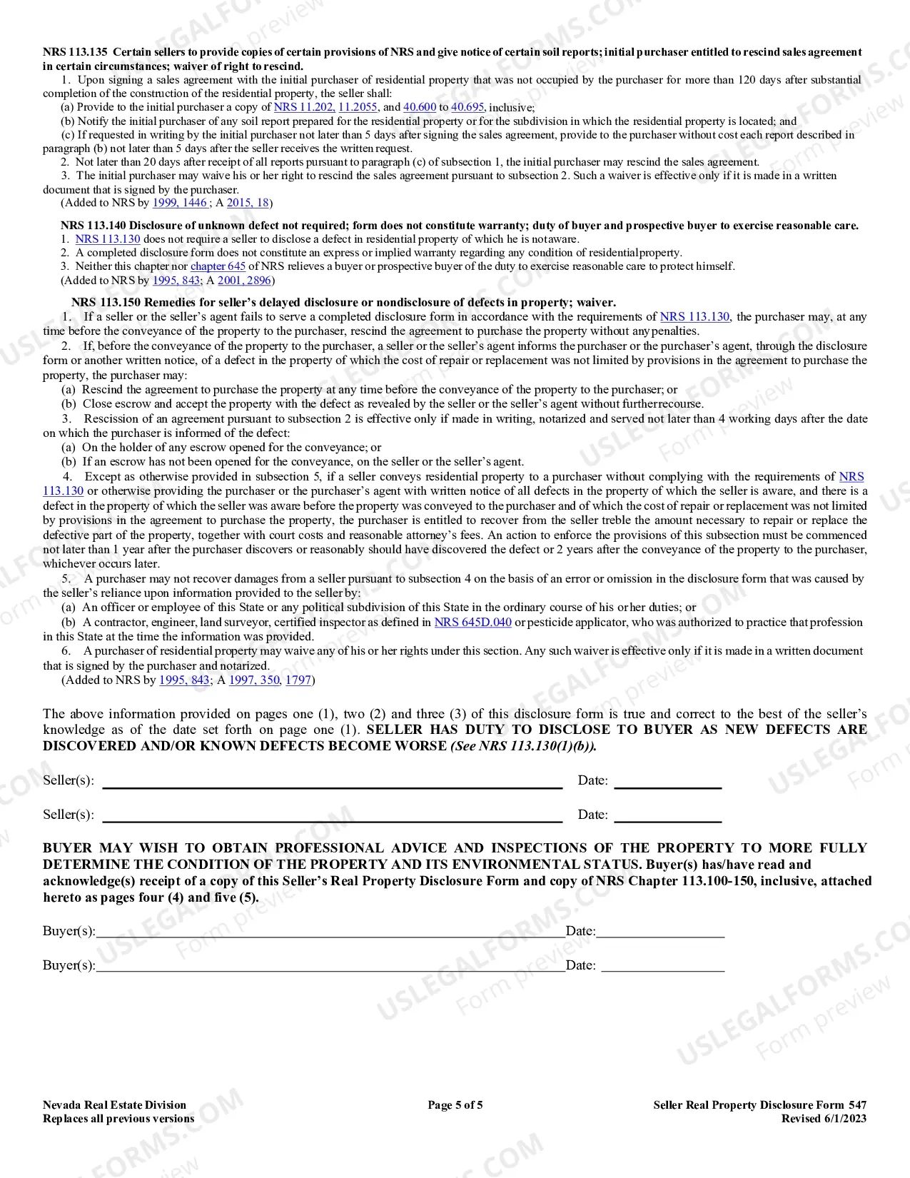 Preview Residential Real Estate Sales Disclosure Statement