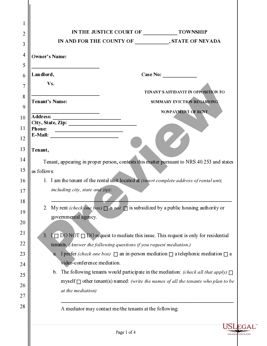 Nevada Tenant's Affidavit in Opposition to Summary Eviction US Legal