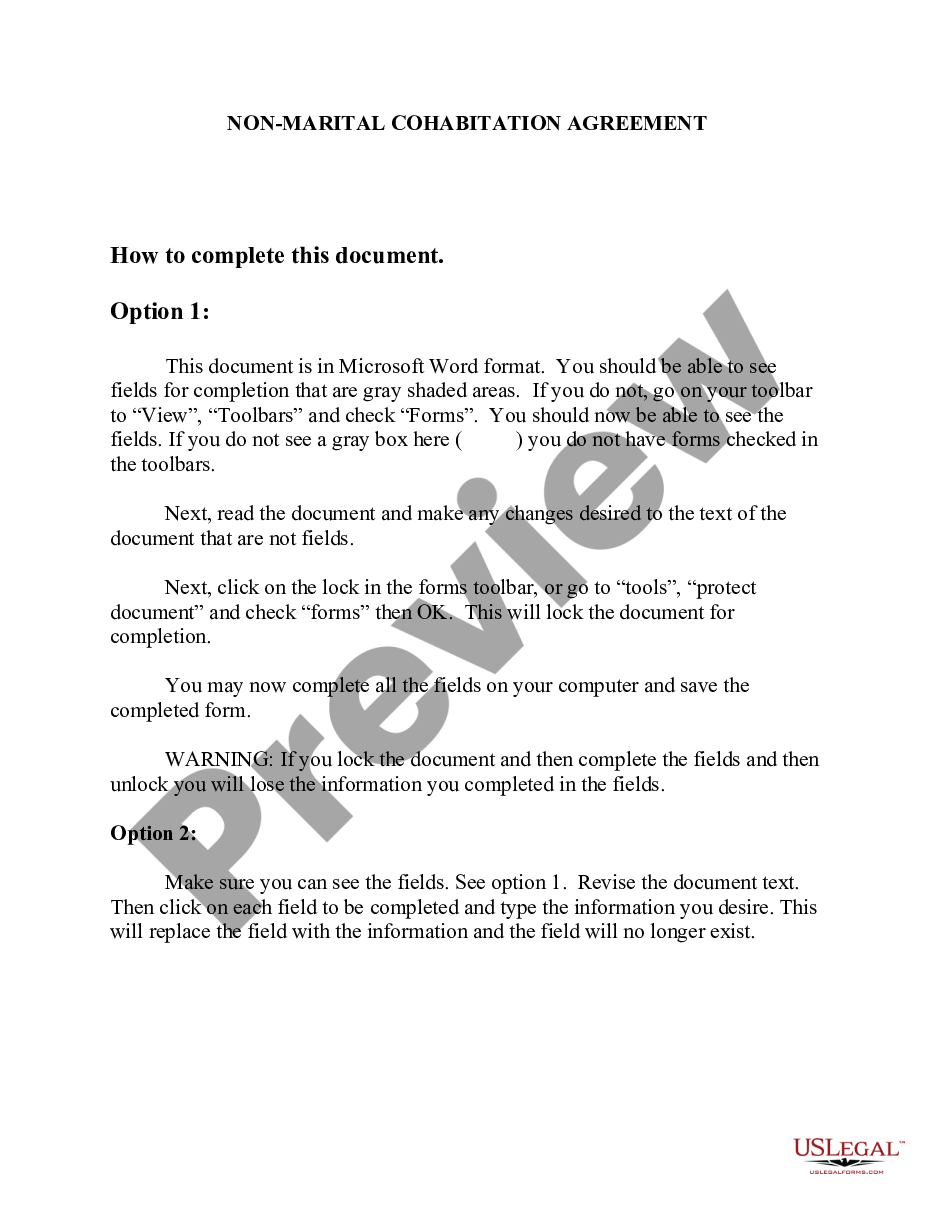 page 0 Non-Marital Cohabitation Living Together Agreement preview