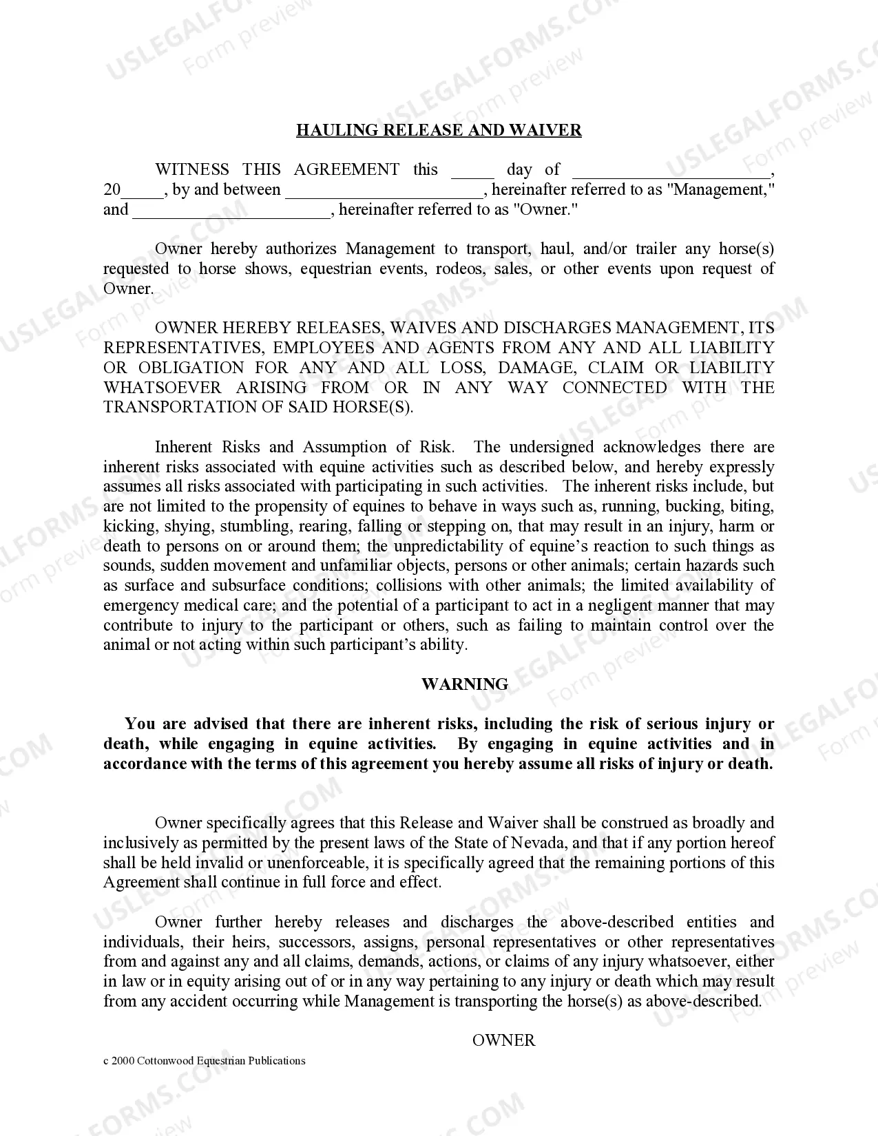 Preview Nevada Horse Equine Forms Package