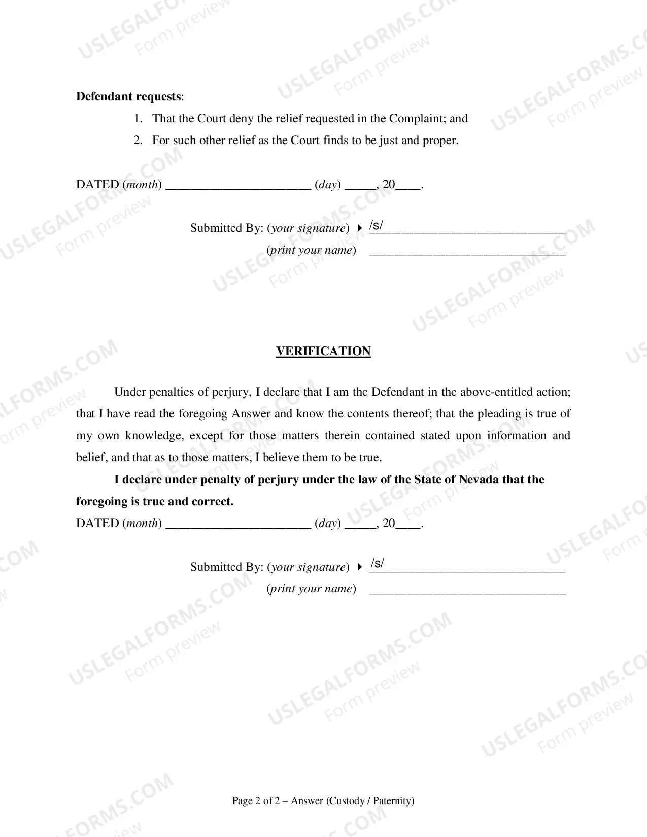 Preview Answer to Complaint for Custody or Paternity - Clark County