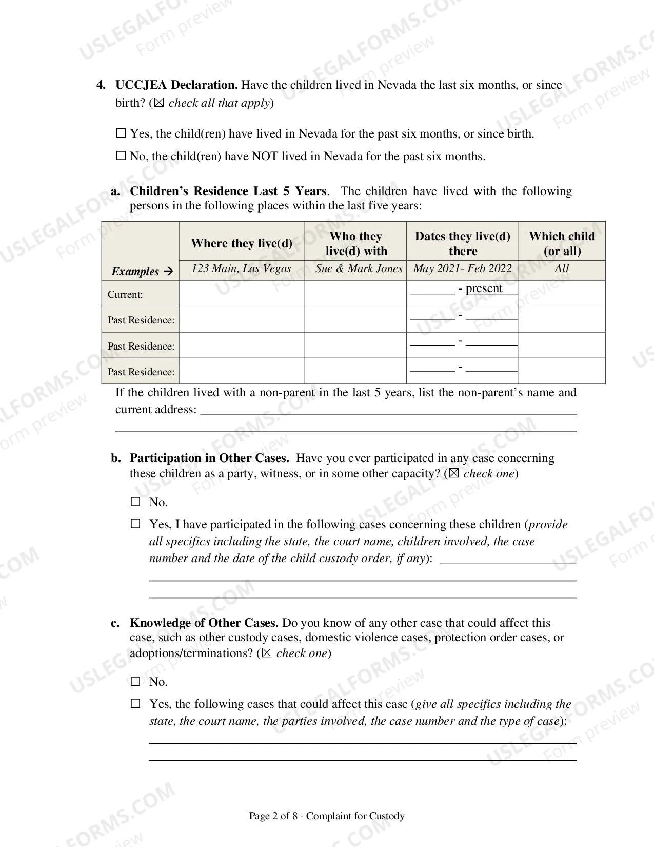 Preview Complaint for Custody and UCCJEA Declaration - Clark County