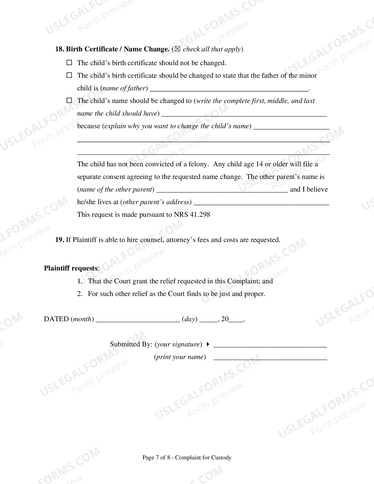 Preview Complaint for Custody and UCCJEA Declaration - Clark County