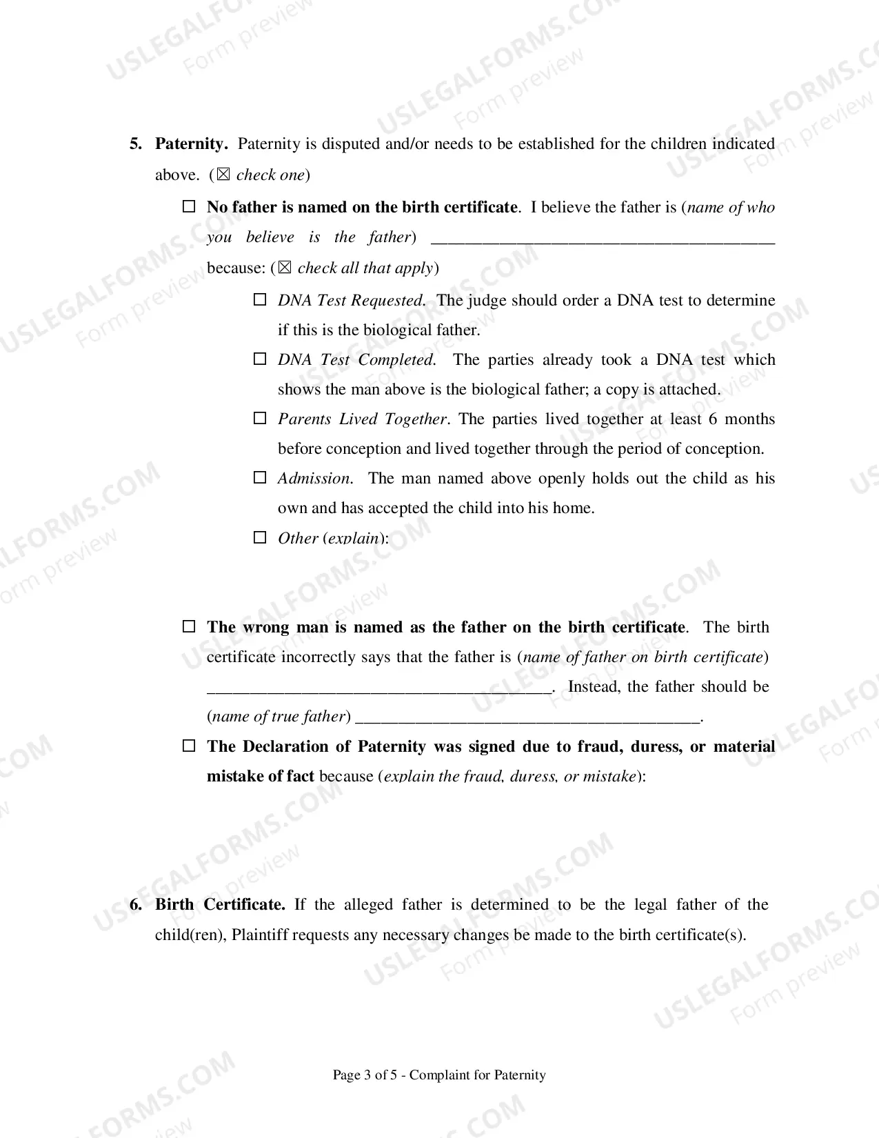 Preview Complaint for Paternity - Clark County