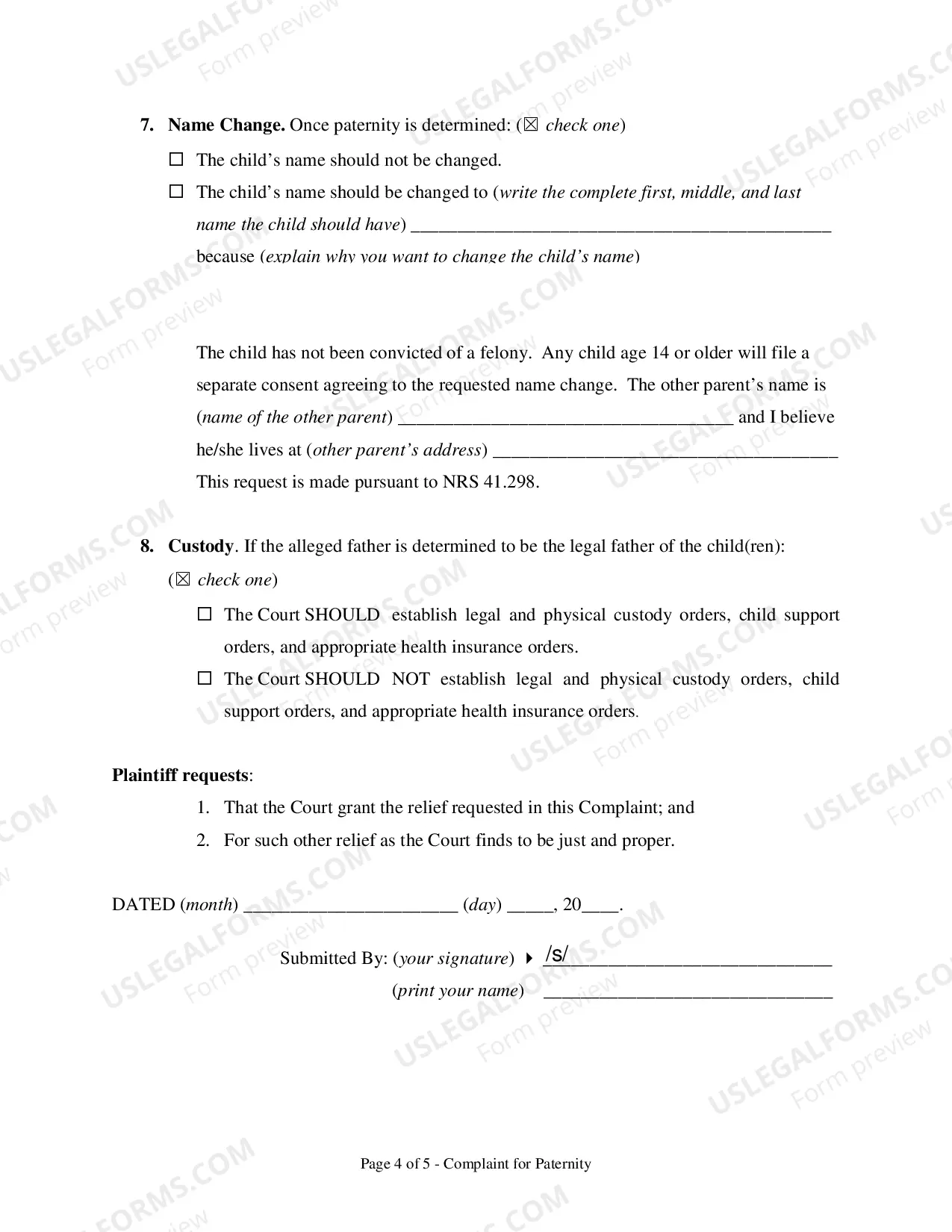 Preview Complaint for Paternity - Clark County