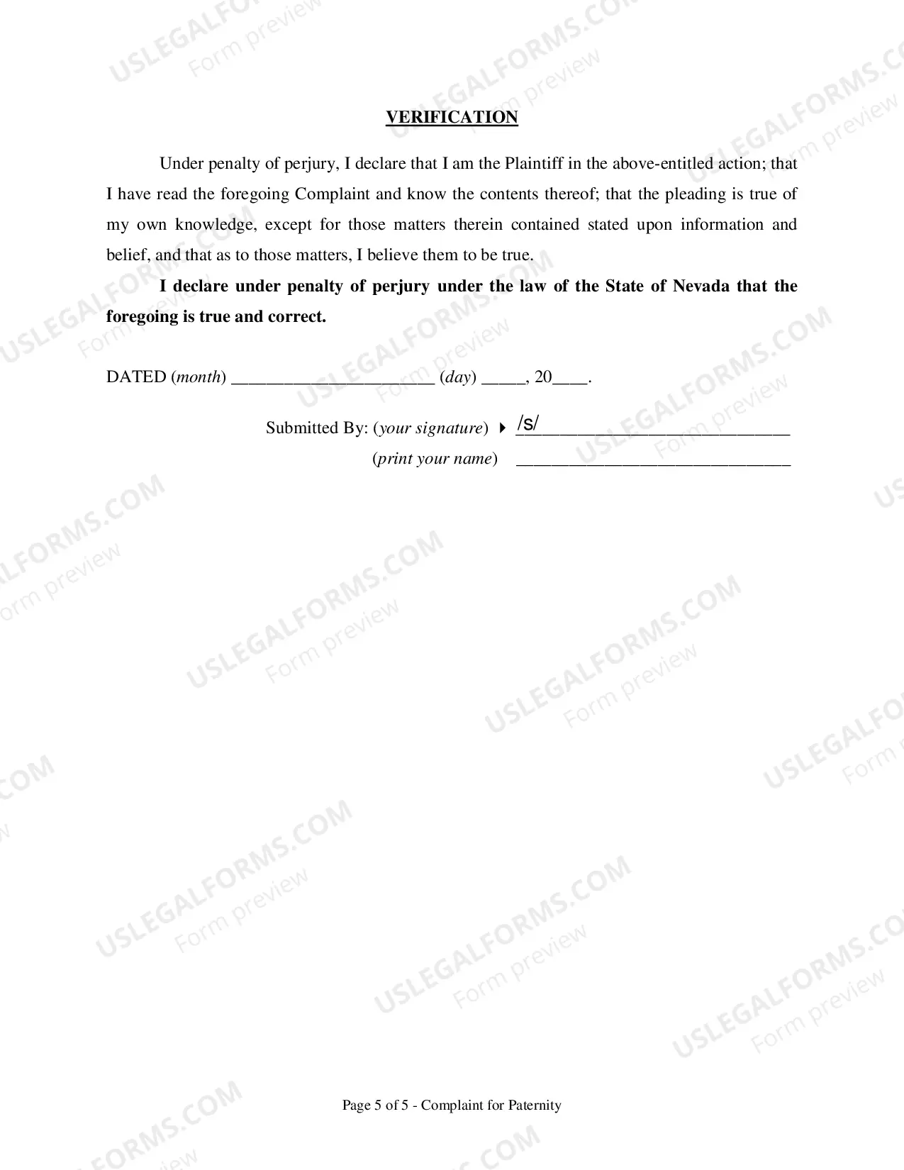 Preview Complaint for Paternity - Clark County