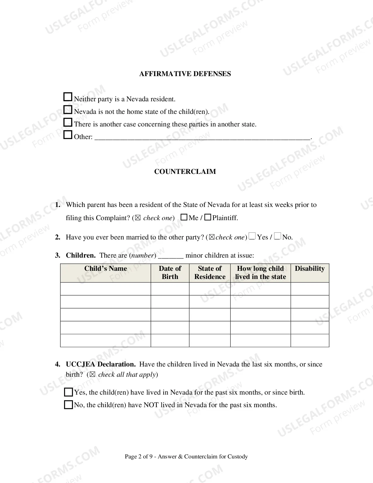 Preview Answer and Counterclaim for Custody and UCCJEA Declaration - Clark County
